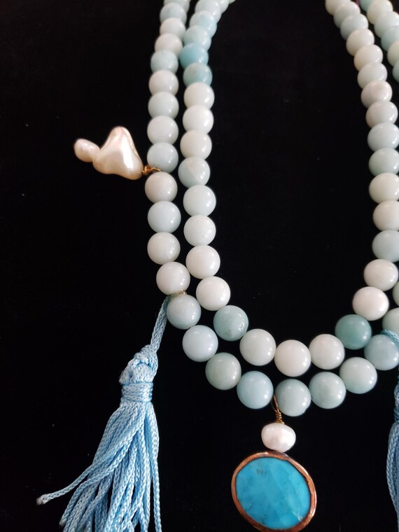 Necklace Blue Shell Double Strand Dangle Retro Co… - image 2