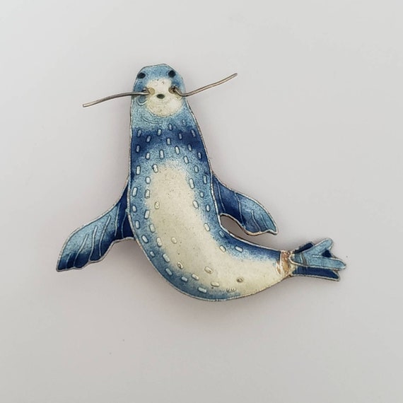 Vintage Brooch Walrus Enamel Unmarked Sterling Si… - image 1