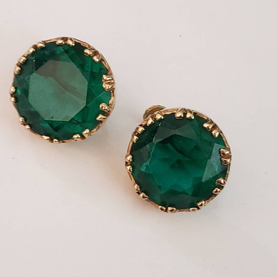 Vintage Earrings Green Gold Tone Marked Rare Retr… - image 1