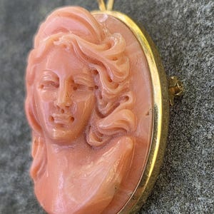 May include: A vintage cameo pendant featuring a carved profile of a woman with flowing hair. The cameo is a light coral color, set in a gold-tone oval frame. The pendant has a loop at the top for hanging and a pin clasp on the back.