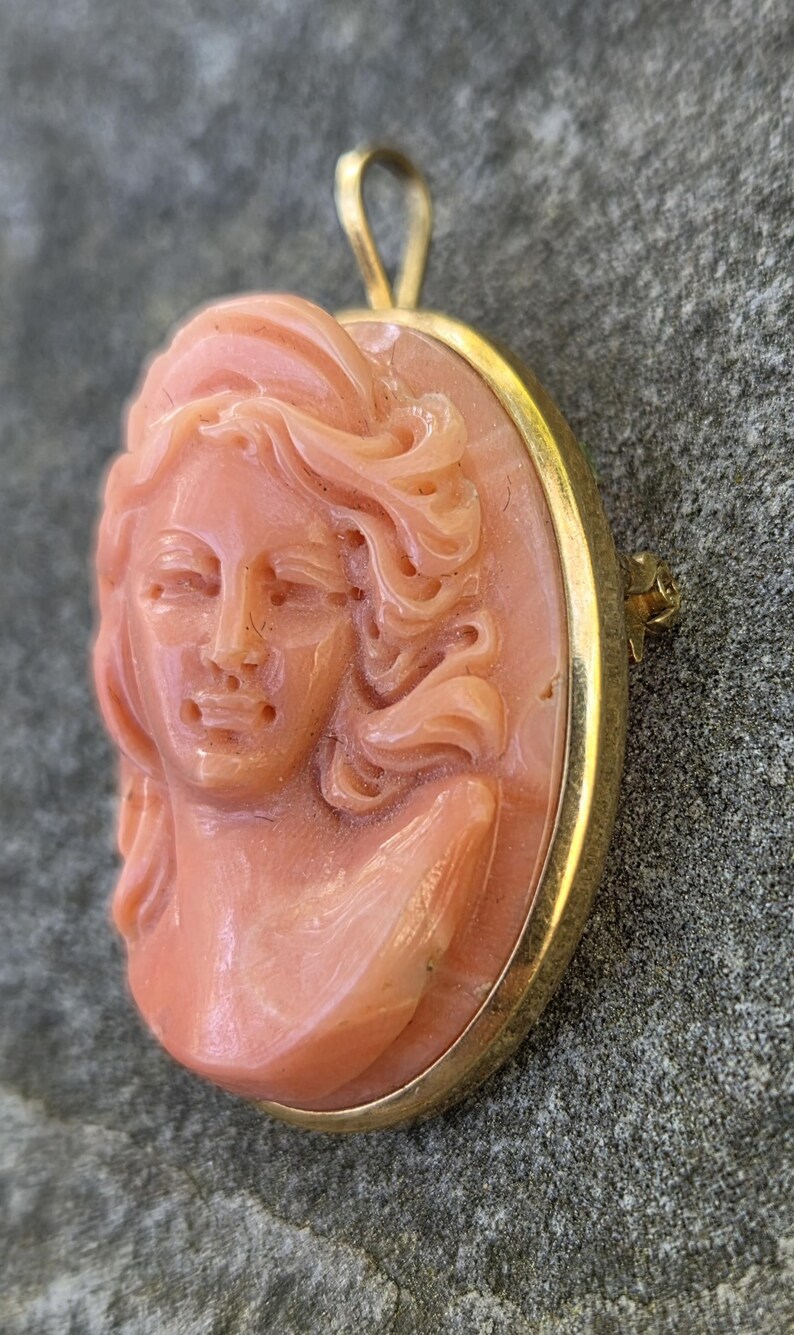May include: A vintage cameo pendant featuring a carved profile of a woman with flowing hair. The cameo is a light coral color, set in a gold-tone oval frame. The pendant has a loop at the top for hanging and a pin clasp on the back.