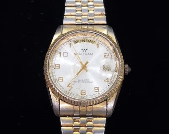 Waltham Watch Day Date Water Resistant Vintage Collectible Time Piece Retro Wristwatch