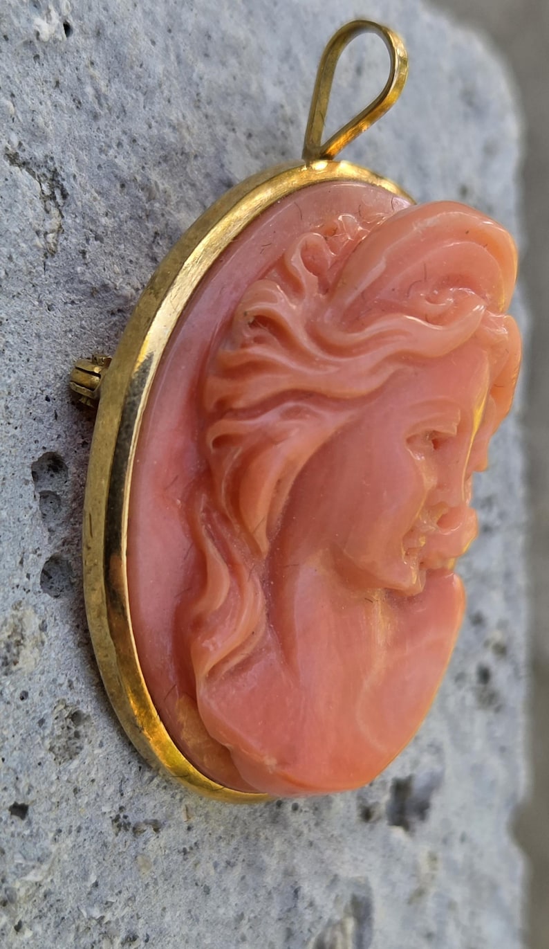 May include: Oval pendant with a carved cameo of a woman's profile in a light coral color. The cameo is set in a gold-colored frame with a loop at the top for a chain. The pendant is likely vintage or antique.