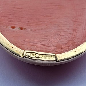 May include: Close-up of a gold-toned pendant with a carved coral cameo. The cameo is a light salmon color, set within a gold frame. The gold frame has the number "750" and other markings.