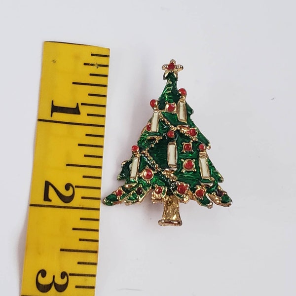 Vintage Brooch Christmas Tree Retro Collectible Pin Costume Jewelry Enamel Red Green