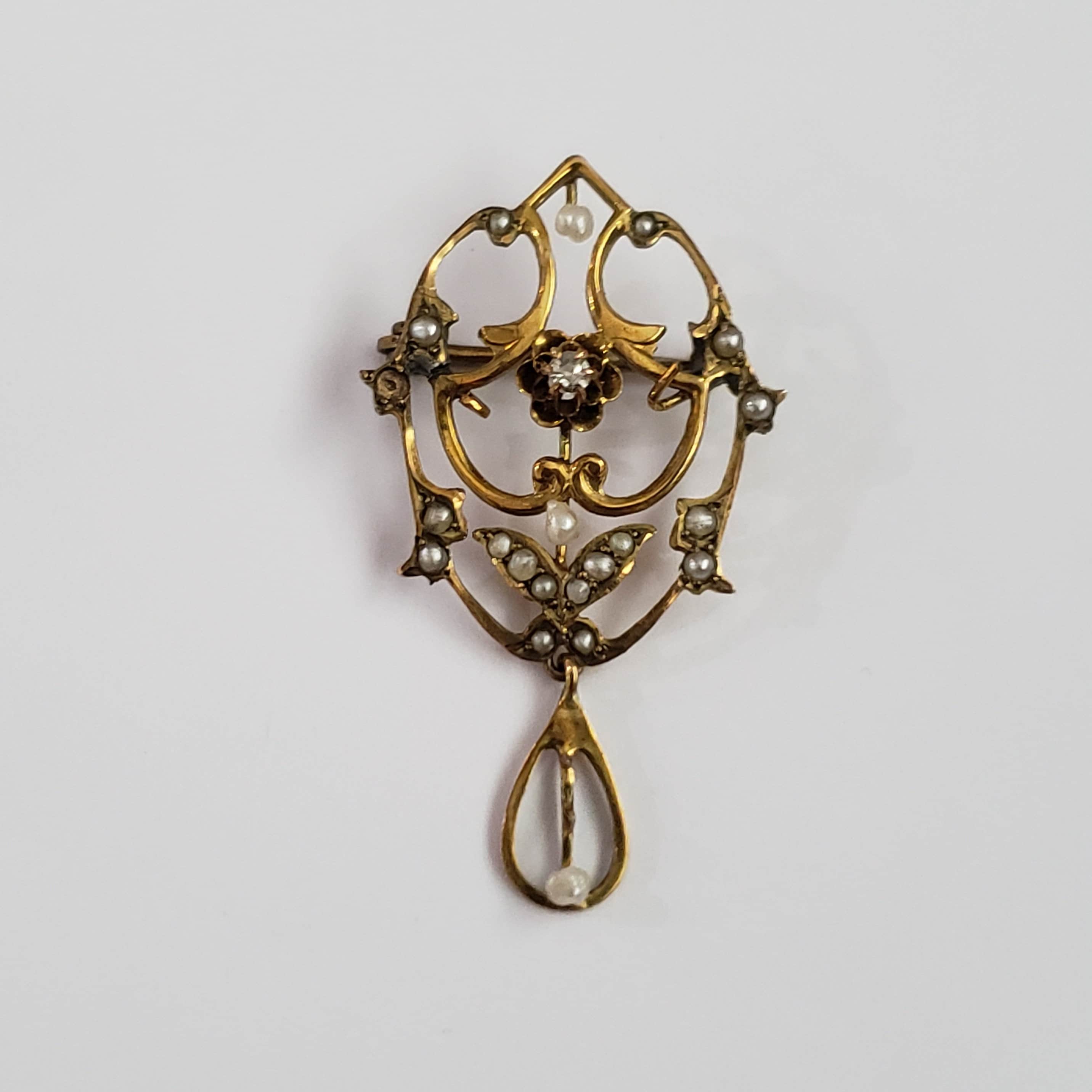 Antique Brooch Rare Unmarked 10k Yellow Gold Seed Pearls Rare Pin