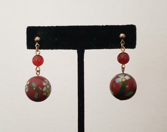 Vintage Cloisonne Flower Pattern Retro Collectible Costume Jewelry Dangle Earrings