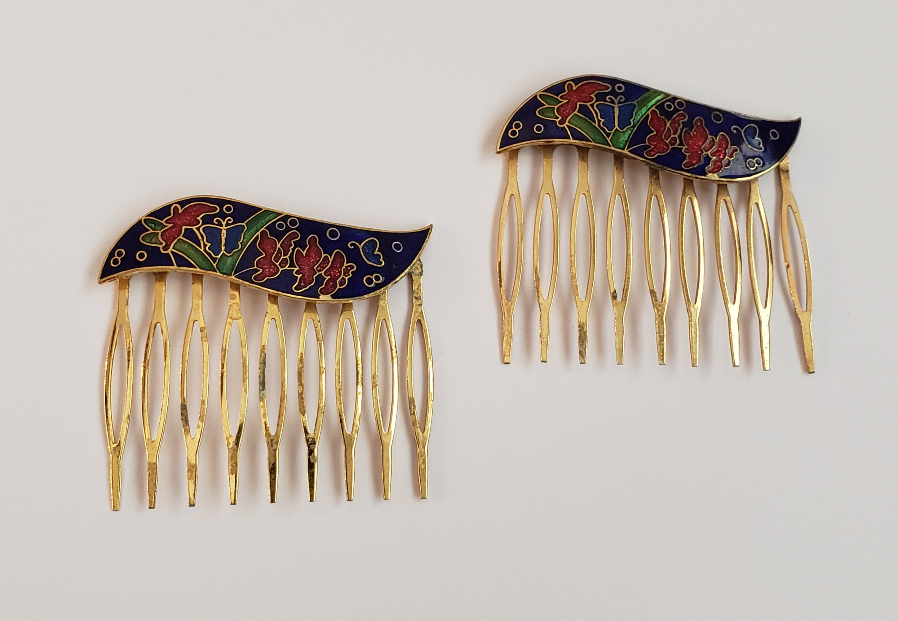 Hair Barrette Matching Set Cloisonne Butterfly Retro 