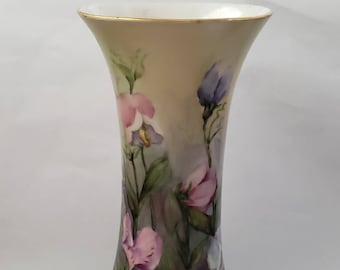 Flower Vase Handpainted Rare Collectible D and Co France Ornate Painted Floral Pattern Iris