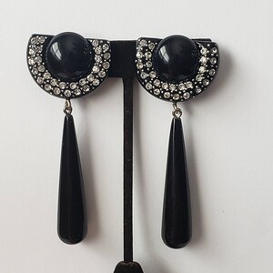 Vintage Earrings Rhinestones Long Black Dangle Rare Retro Collectible Fashion Jewelry Costume