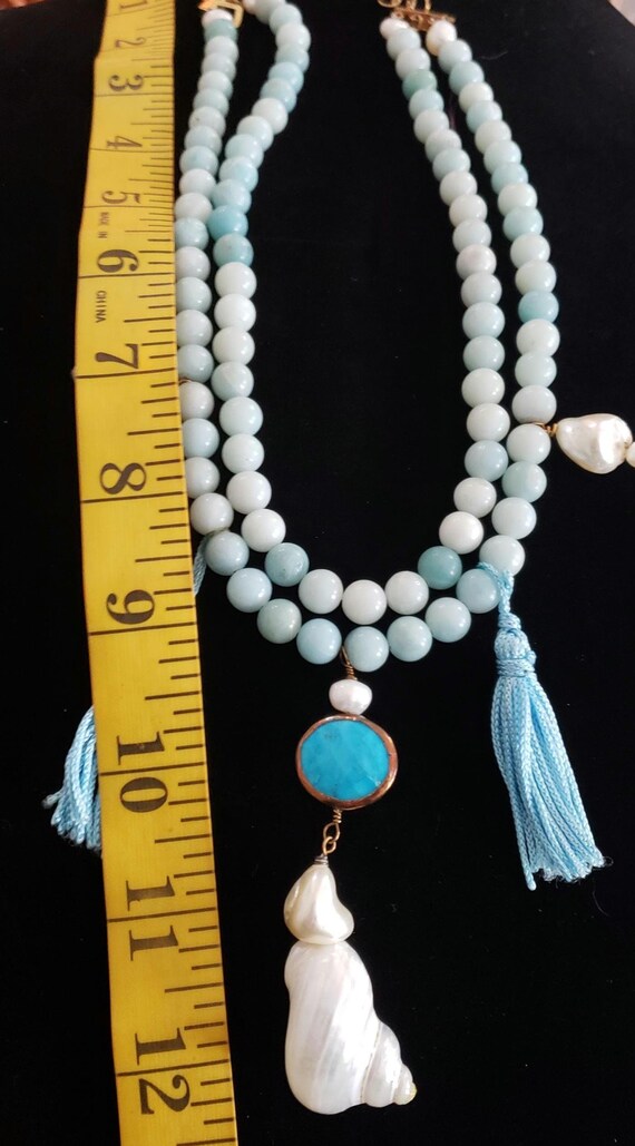Necklace Blue Shell Double Strand Dangle Retro Co… - image 5