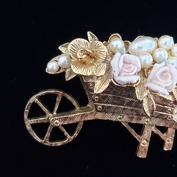 Vintage Brooch Wheelbarrow Flowers Planting Theme… - image 1