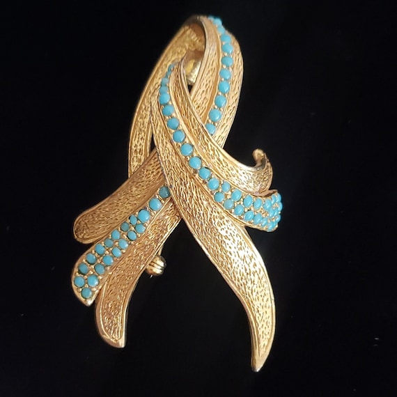 Vintage Brooch Designer Ribbon Teal Blue Retro Co… - image 1