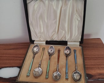 英バーミンガムTurner&SimpsonアンティークSV925スプーン5本 TURNER & SIMPSON 925 Sterling Vintage 1958 Birmingham Enamel