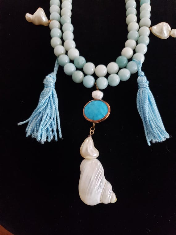 Necklace Blue Shell Double Strand Dangle Retro Co… - image 4