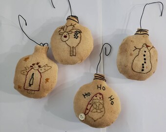 Christmas Ornament Lot Primitive Style Collectible Set of 4