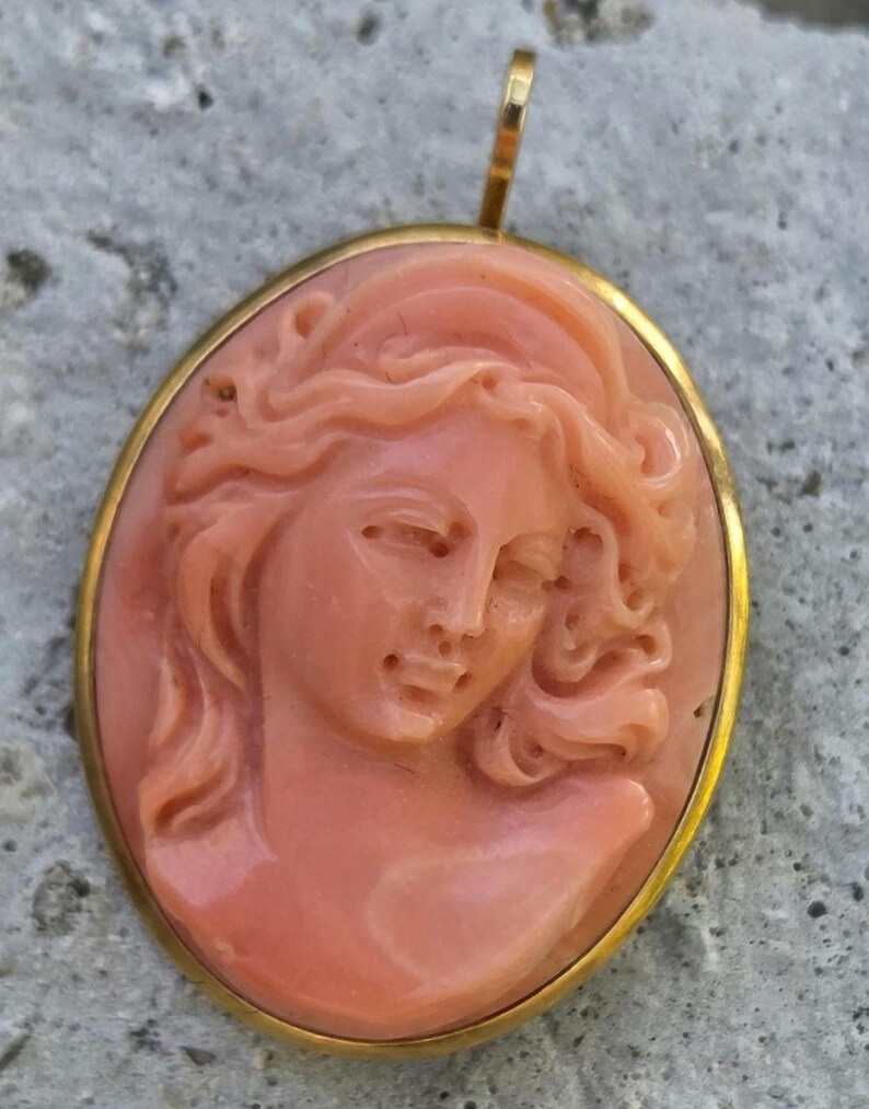 May include: A coral-colored cameo pendant featuring a carved profile of a woman with flowing hair. The oval pendant is set in a gold-colored frame with a small loop at the top for a chain.