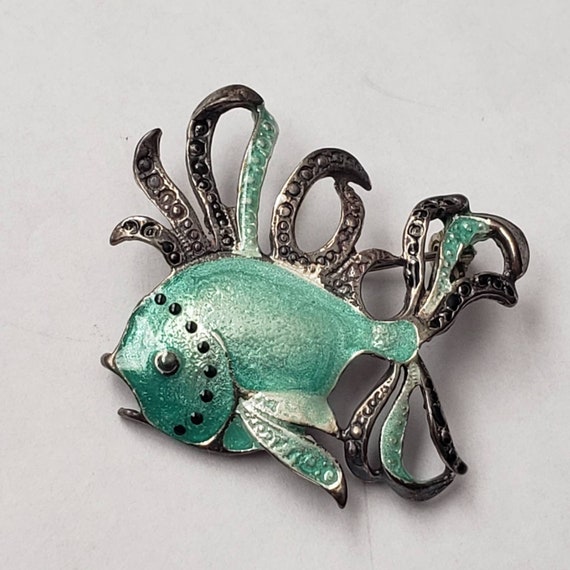 Vintage Brooch Fish Green Enamel Sterling Silver … - image 1