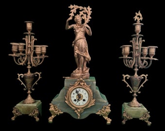 Antique 19th Century Art Nouveau Gold Gilded French Onyx Figural Bronze Clock & Candelabras