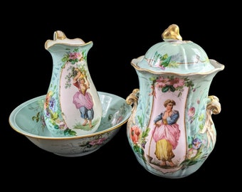 Antikes französisches Limoges Teal & Floral Toilettenset