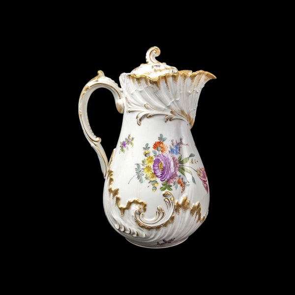 Antique French Limoges Floral Porcelain Coffee Pot Repainted By Dresden Artist Helena Wolfschone