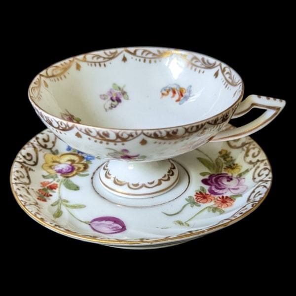 Antique Franzsika Hersch Dresden Porcelain Floral Gold Gilded Teacup And Saucer