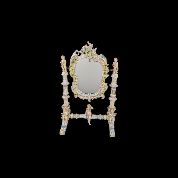 Antique Early 18th Century Meissen Figural Floral Encrusted Porcelain Footed Mirror