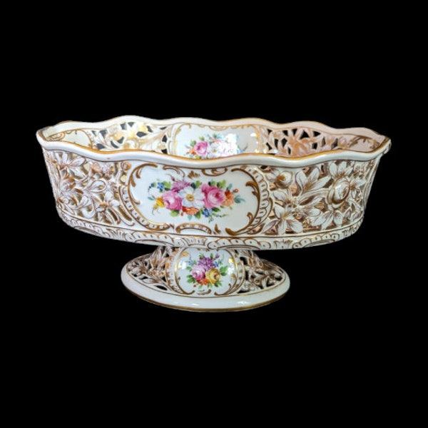 Antique Dresden Floral Porcelain Reticulated Fruit Bowl