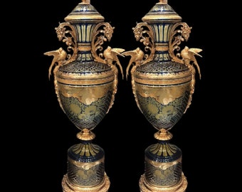 Large Pair Of Bohemian Style Etched Glass & Figural Floral Brass Lidded Vases