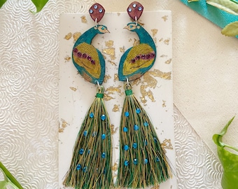 Peacock Studs Cotton Tail big Earrings, long handmade colorful, natural seed tropical bird, hand painted, engraved, spring, summer