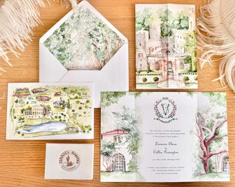 May include: A watercolor wedding invitation suite with a green and white color scheme. The invitation features a watercolor illustration of a castle with a monogram and the text "We are so honored to request the honor of your presence at the marriage of their daughter Leonora Clara and Collin Pennington Saturday the twenty-fifth of August two thousand twenty-five at three o'clock in the evening". The invitation also includes a map of the wedding venue.