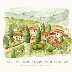 Paisagem personalizada em aquarela, arte de paisagem personalizada, convite de casamento personalizado, convite "reserve a data" personalizado, pintura em aquarela personalizada