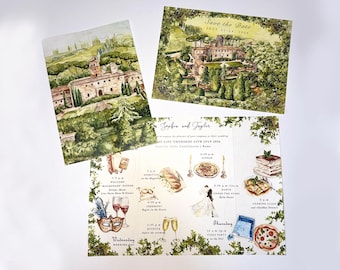 May include: Wedding stationery set featuring watercolor illustrations of an Italian villa and landscape. Includes a "Save the Date" card, an invitation, and a card with the wedding day schedule. The color palette is green, beige, and white.