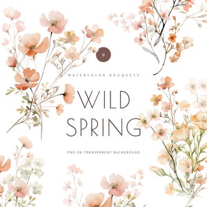 Watercolor spring wild flowers clipart, meadow clipart, botanical wildflowers bouquet, rustic flora, soft peachy flowers, wedding invitation
