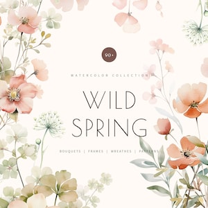 Watercolor spring wild flowers clipart, meadow clipart, botanical wildflowers clipart, rustic flora, soft peachy flowers, wedding invitation