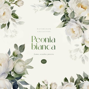 Aquarell weiße Pfingstrosen Clipart, Hochzeit weiße Blumen, Eukalyptus Bouquet, digitale grüne Blätter, weiße Rosen png, weiße Pfingstrose png