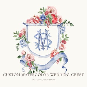Custom watercolor wedding crest, watercolor wedding invitation, watercolor monogram, wedding logo, wedding gift, botanical crest