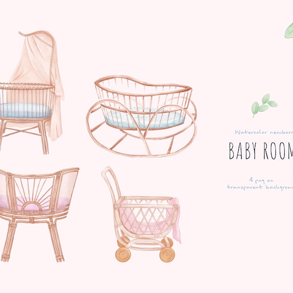 Watercolor newborn furniture clipart, baby cot png, baby shower invitation, boho nursery decor, boho baby bed png, first birthday party