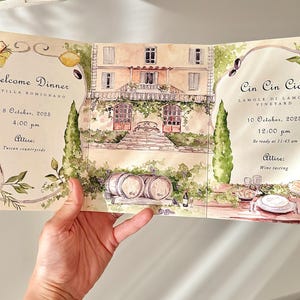 Custom watercolor gatefold wedding invitation, custom wedding venue illustration, wedding map, custom watercolor trifold invite