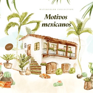 Acuarela casas mexicanas clipart, ilustración del lugar de la boda, conjunto de paisajes png, flores tropicales, puertas mexicanas, imágenes prediseñadas de cítricos