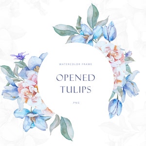 Watercolor navy tulip clipart, navy flower frame png,  blue tulips frame , floral arrangements, rustic wedding design, navy and blush frame