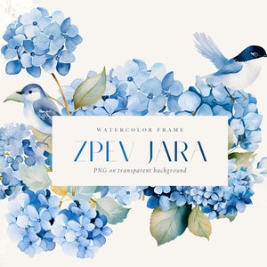 Watercolor blue hydrangea with birds frame, navy hydrangea bouquet png, wedding invitation clipart, dusty blue flowers, hydrangea frame png