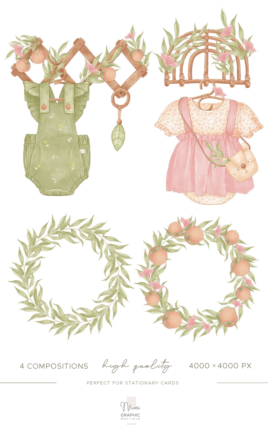 Boho Newborn Clipart, Baby Girl Printable, Baby Girl Gift Personalized