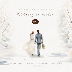 Watercolor winter wedding clipart, houses, venues, house png, winter flora, winter landscape clipart, winter wedding scenes, bride groom png