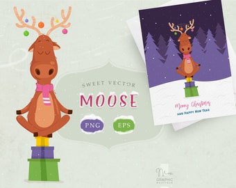 Christmas moose, moose vector art, winter moose, woodland moose, moose clipart, christmas moose print, christmas greeting card