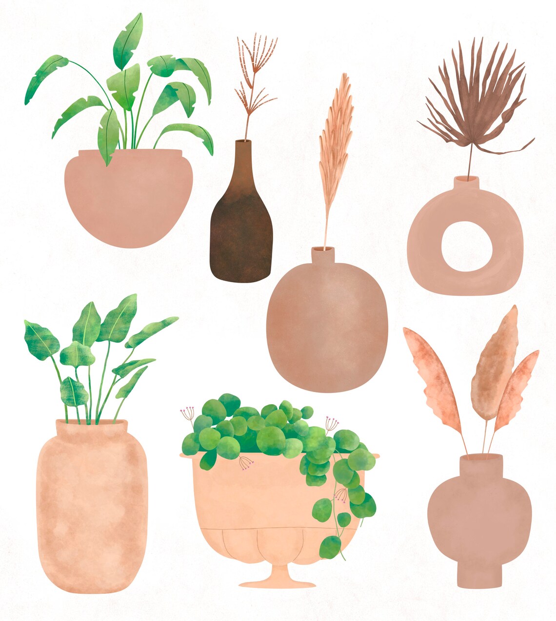 Boho Watercolor Vase Clipart, Dry Flowers Clip Art, Planner Stickers Clipart, Png Files for