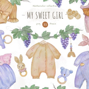 Clipart per neonati, acquerello stampabile per cameretta per bambine, vestiti per bambini, decalcomania da muro per cameretta, sublimazione png, baby shower