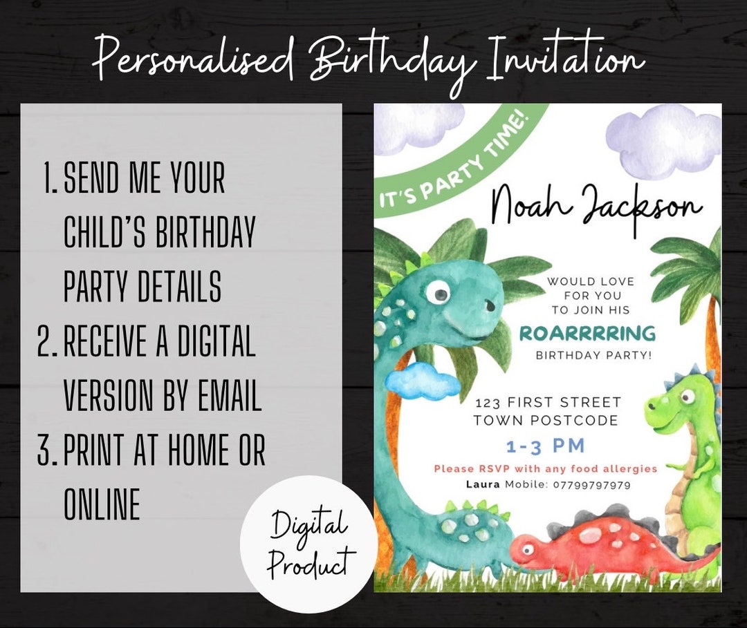 Dinosaur Birthday Party Invitation, Personalised Birthday Invitation