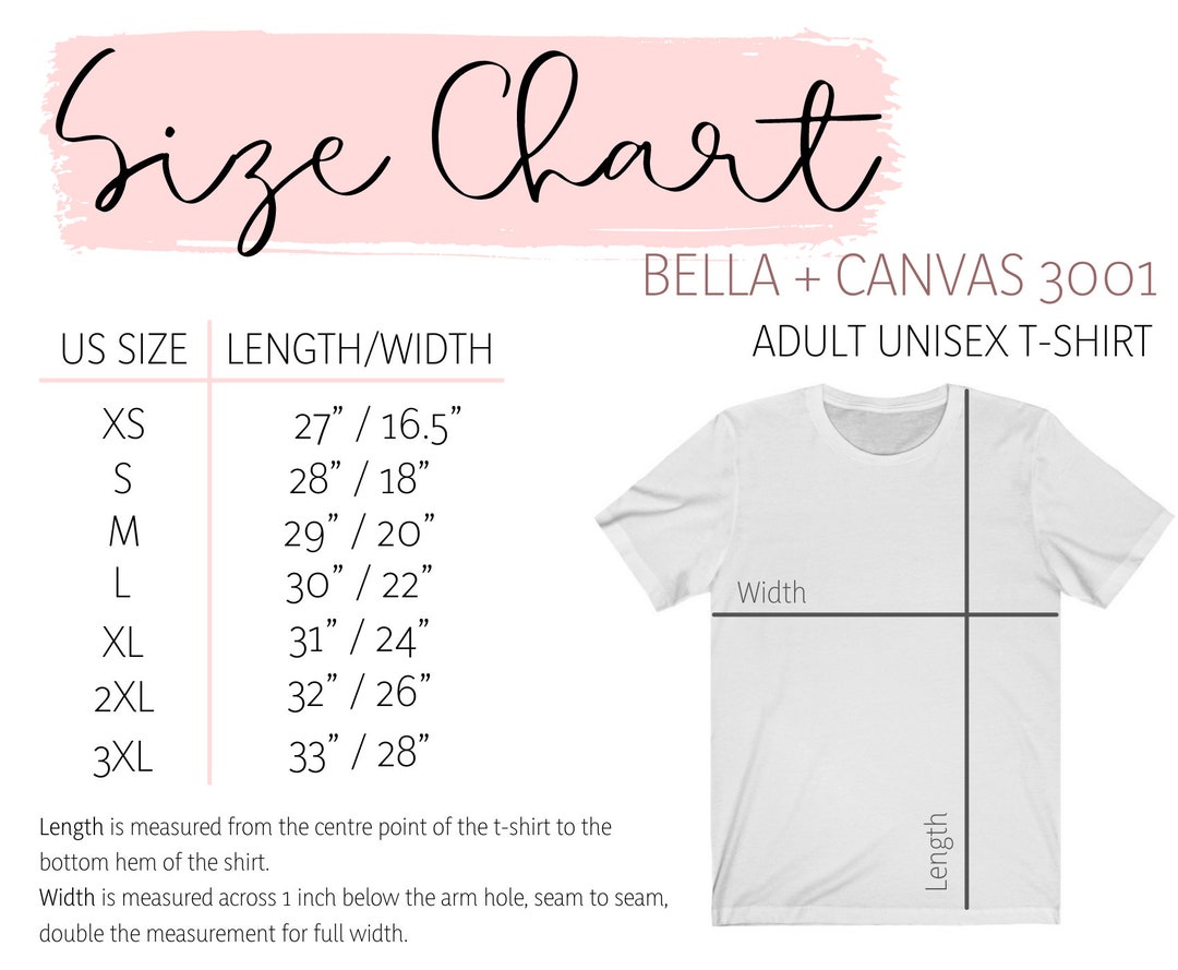 Bella Canvas Size Chart Bella Canvas 3001 Size Chart Bella - Etsy