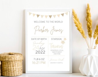 Neutral Gift for New Baby, Baby Keepsake Print, Welcome To The World, Baby Boy, Newborn Gift, Birth Details Gift, Newborn Keepsake Print